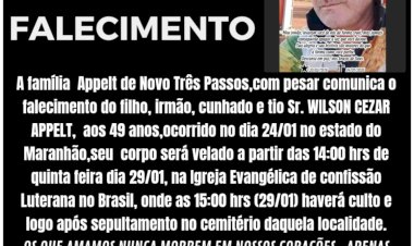 Atos fúnebres e sepultamento de Wilson Cesar Appel  está marcado para quinta-feira(29) a tarde