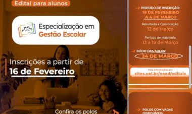 UEL abre inscrições para Pós-Graduação em Gestão Escolar no Polo de Nova Santa Rosa