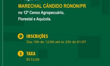 IBGE abre 11 vagas para Censo Agropecuário 2026 em Marechal Cândido Rondon com inscrições até 1º de julho