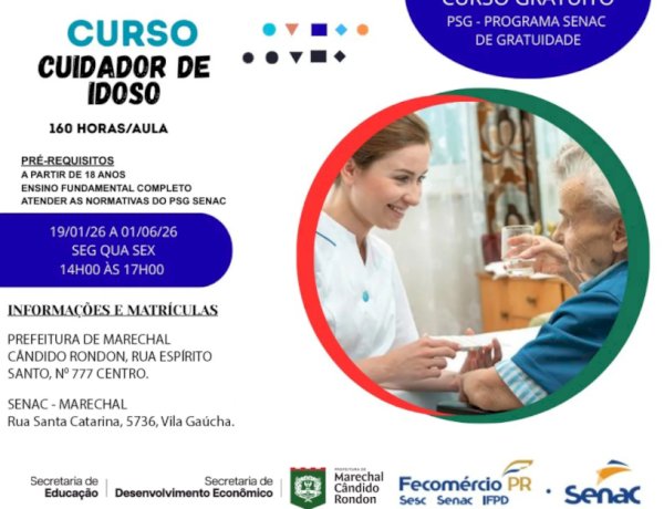 Prefeitura abre inscrições para curso gratuito de Cuidador de Idoso em Marechal Cândido Rondon