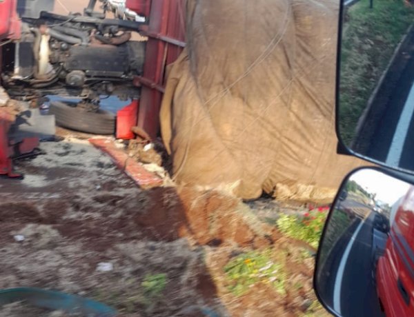 Caminhão carregado com feno tomba na BR-163