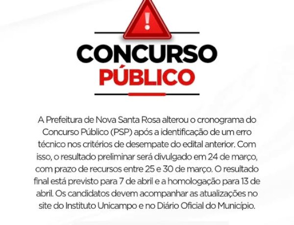 Prefeitura de Nova Santa Rosa altera cronograma do Concurso Público 001/2025