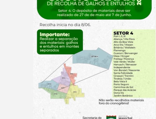 Moradores do setor 4 devem disponibilizar galhos e entulhos para recolha até 7 de junho