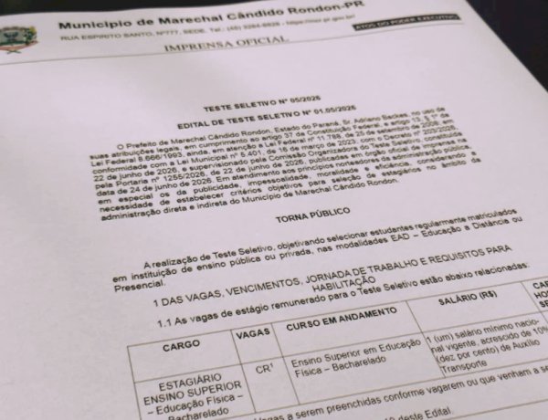 Marechal Rondon abre vagas para estágio em Educação Física com inscrições gratuitas