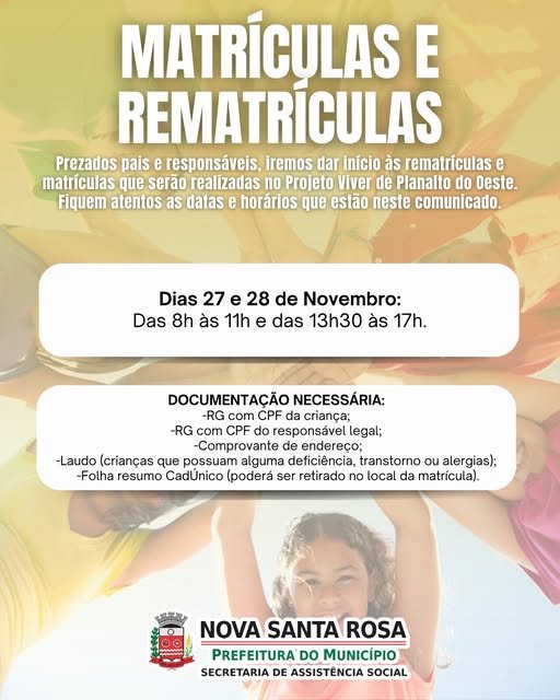 Matrículas e rematrículas do Projeto Viver de Planalto do Oeste acontecem nos dias 27 e 28 de novembro