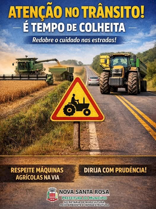 Prefeitura de Nova Santa Rosa alerta motoristas sobre aumento de máquinas agrícolas nas estradas
