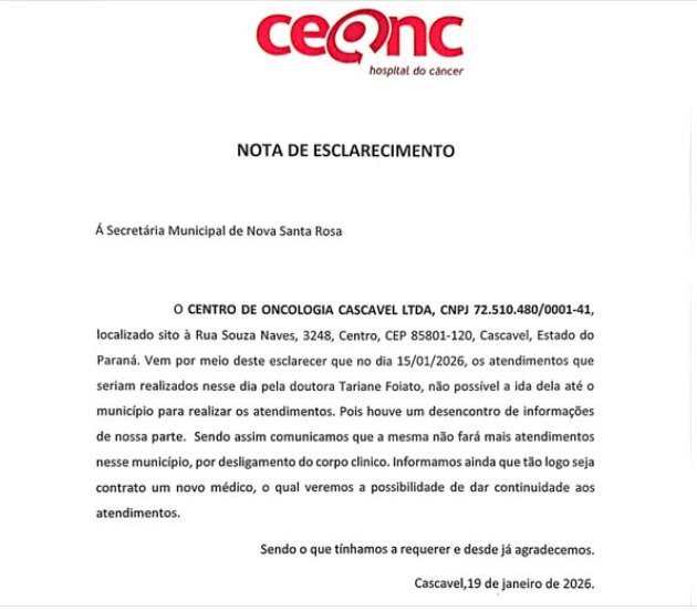 CEONC esclarece suspensão de atendimentos oncológicos itinerantes em Nova Santa Rosa