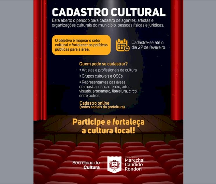 Secretaria de Cultura abre cadastro para agentes e profissionais da cultura em Marechal Cândido Rondon