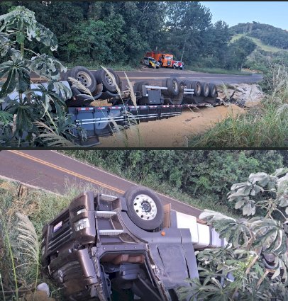 Caminhão tomba  e motorista  fica ferido em acidente na PR-484