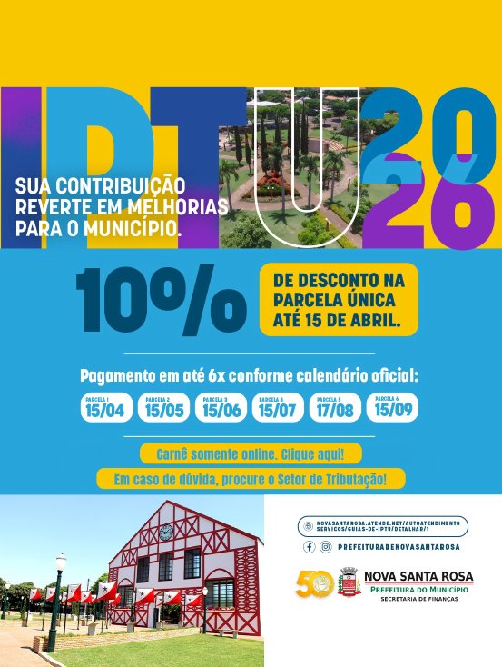 Prazo para desconto do IPTU 2026 em Nova Santa Rosa segue até 15 de abril
