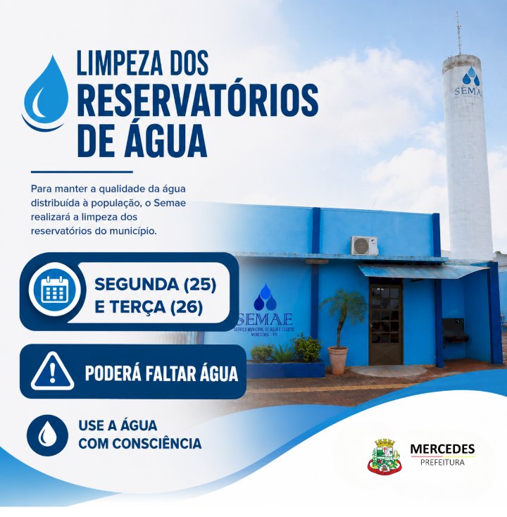 Limpeza de reservatórios pode afetar abastecimento de água em Mercedes na próxima semana