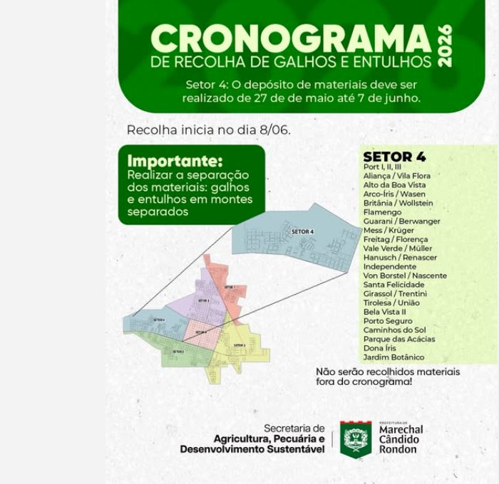 Moradores do setor 4 devem disponibilizar galhos e entulhos para recolha até 7 de junho