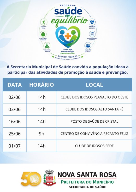Programa Saúde em Equilíbrio atenderá idosos da sede e distritos de Nova Santa Rosa