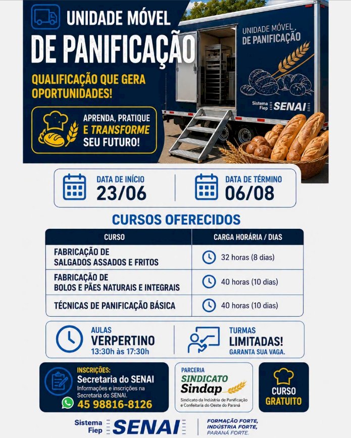 SENAI abre vagas para cursos gratuitos de panificação em Marechal Cândido Rondon