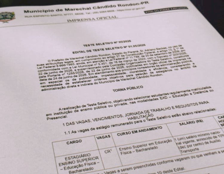 Marechal Rondon abre vagas para estágio em Educação Física com inscrições gratuitas