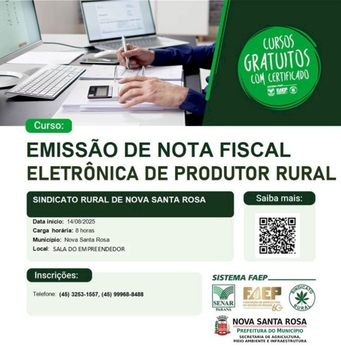 Inscrições para o curso de Emissão de Nota Fiscal Eletrônica de Produtor Rural seguem abertas até terça-feira (12)