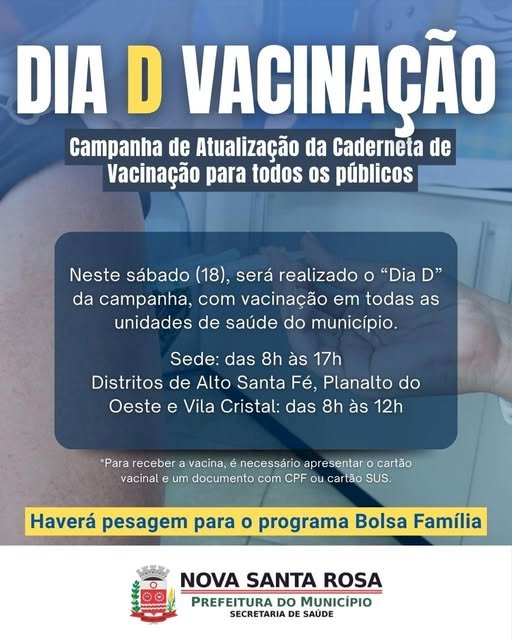 Secretaria de Saúde realizará “Dia D” de Vacinação neste sábado (18)