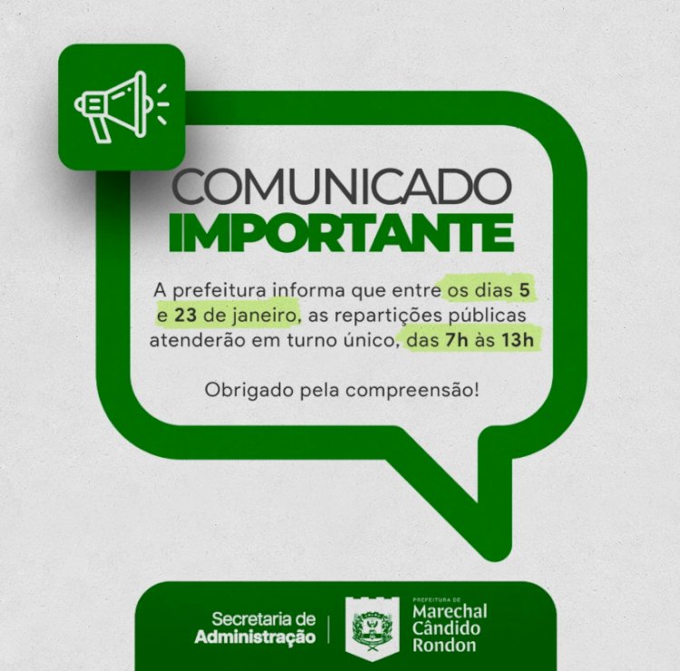 Atendimento na prefeitura terá turno único em janeiro